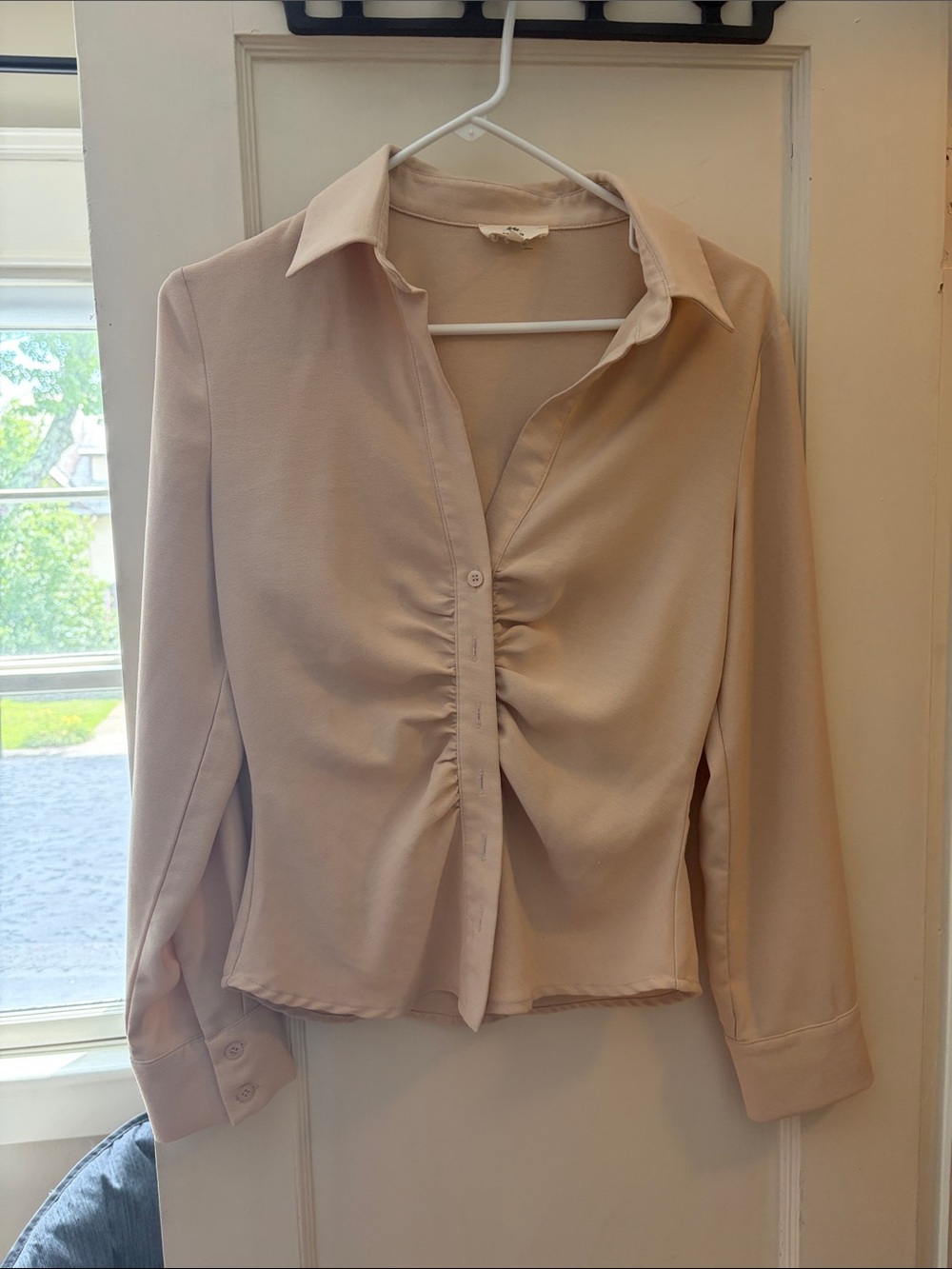 entro Neutral Beige Ruched Button-Down Shirt